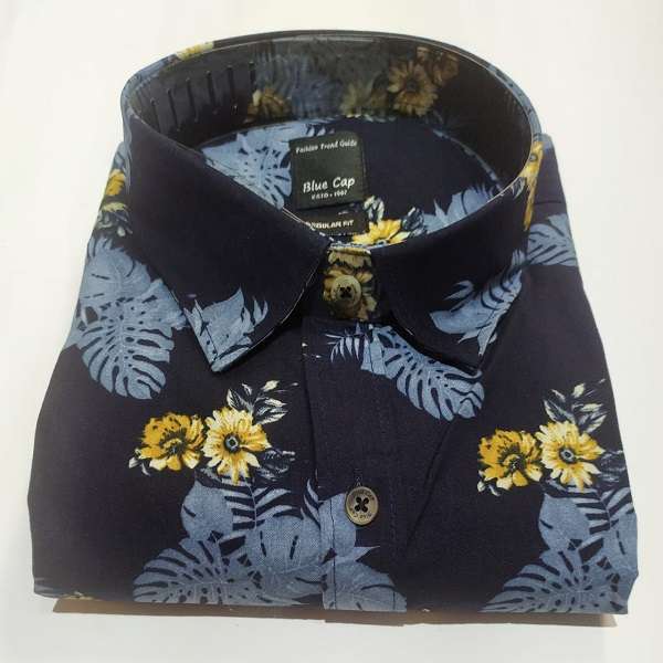 Goa Floral Print Yellow Navy Blue Plus Size Shirt - Plus Size Garments